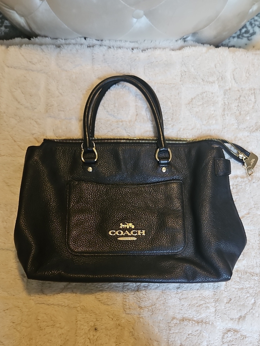 Coach Black Leather Satchel with Gold Logo Hardware